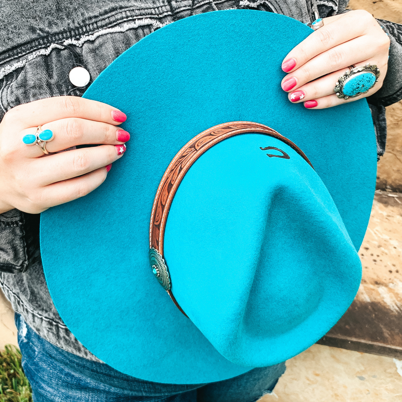 Charlie 1 Horse | White Sands Wool Felt Hat with Leather Tooled Band and Silver Concho in Turquoise