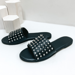 City Girl Silver Spike Embellished Slide On Sandal in Black