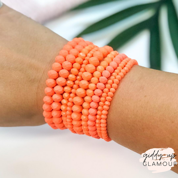 Nine Piece Matte Crystal Bracelet Set in Neon Orange