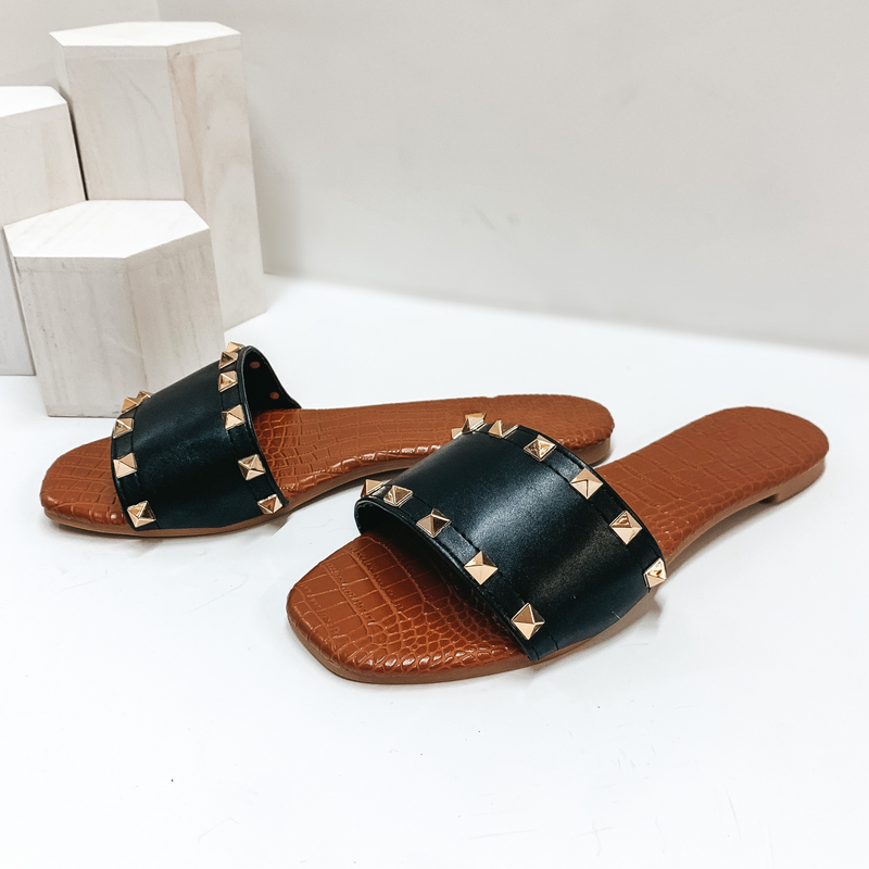 Chic Steps Gold Studded Slide On Sandals with Croc Print Sole in Black