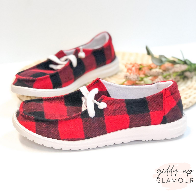 red plaid loafers