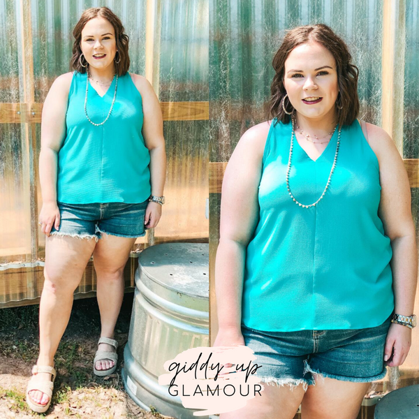 A Graceful Way V-Neck Tank Top with Ribbon in Turquoise