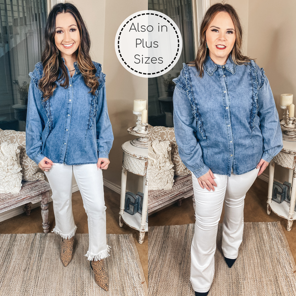 Attention To Detail Button Up Collared Denim Top with Ruffle Detail