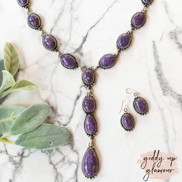 Marie Bahe | Navajo Handmade Sterling Silver & Charoite Lariat Necklace + Matching Earrings