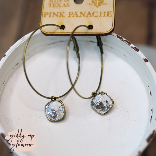 Pink Panache | Large Bronze Hoop Earrings with Clear Cushion Cut Crystals in Square Setting