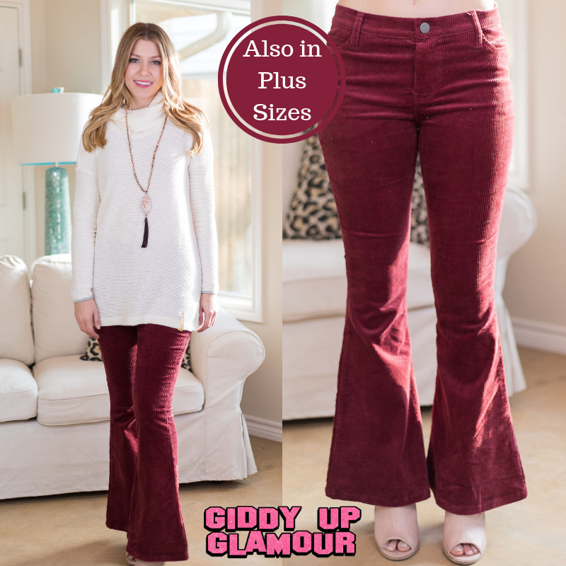 Past and Present Corduroy Flare Pants in Maroon | Trendy pieces for all  shapes and sizes.
