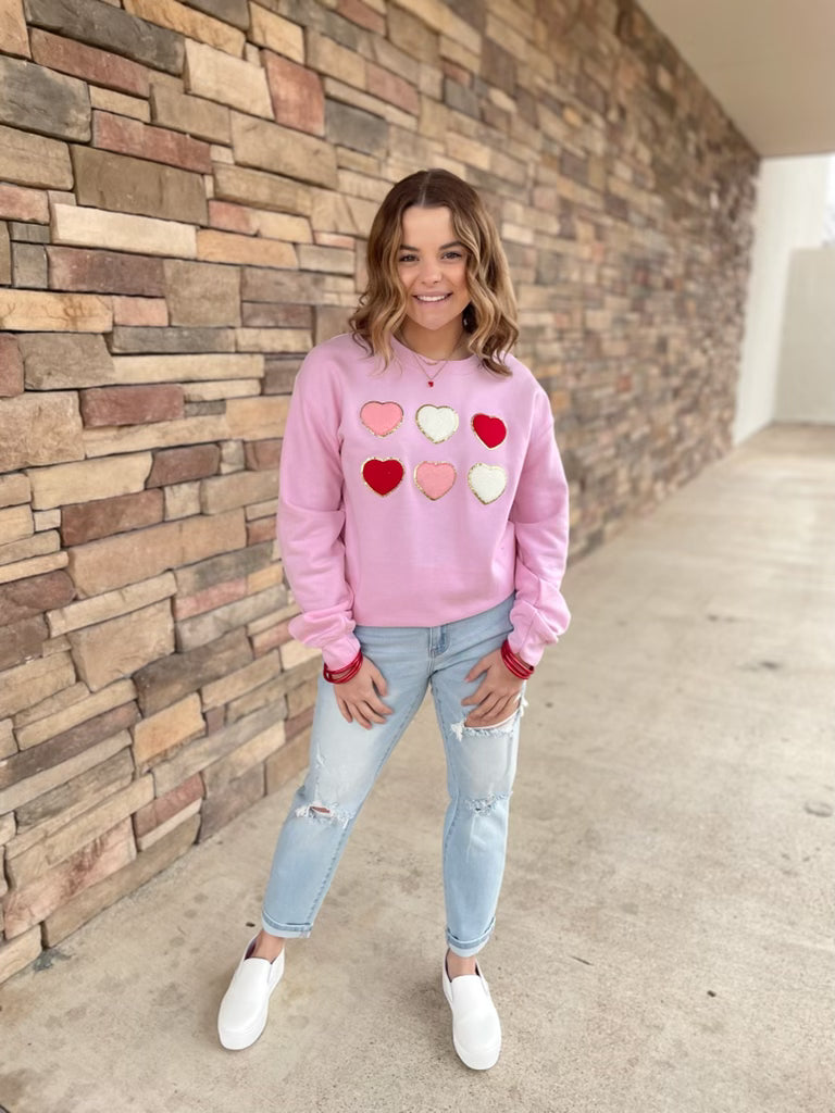 Lots Of Love Chenille Heart Graphic Sweatshirt with Long Sleeves in Light Pink