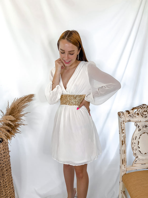 Swept Off My Feet Gold Sequin Dress in White