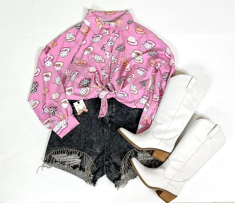 The Cowgirl Way Button Up Mix Print Cowboy Hat Top in Pink
