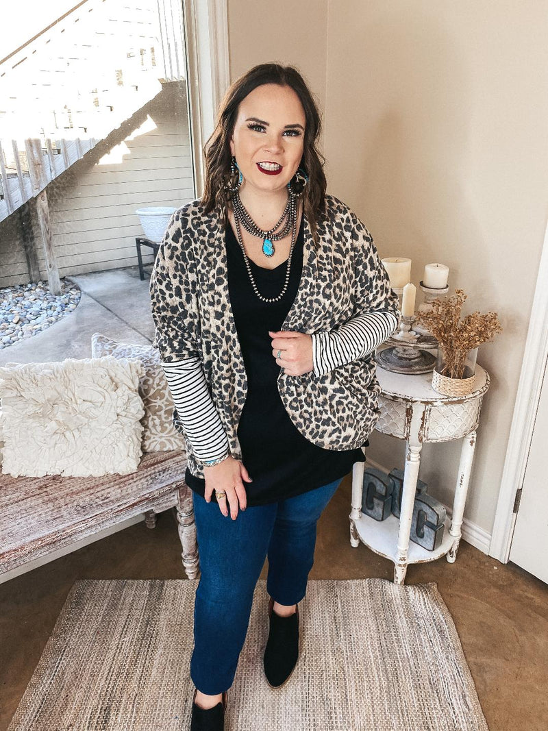 Lining Up Long Sleeve Dolman Cardigan with Striped Sleeves in Leopard