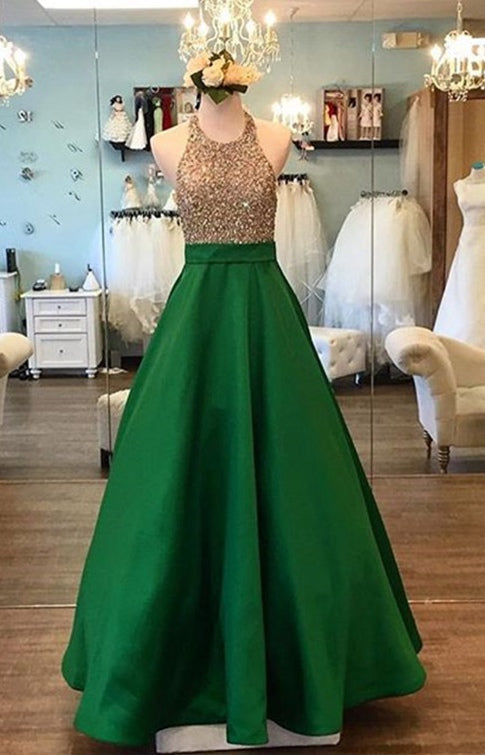 green halter neck formal dress