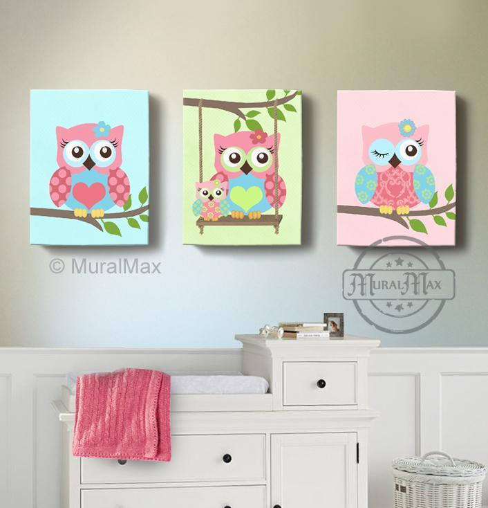 Baby Girl Owl Nursery Decor Swinging Family Owls Canvas Wall Art Set Of 3