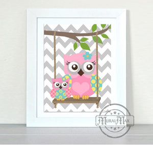 Personalized Baby Girl Room Decor - Chevron Owl Family Canvas Wall