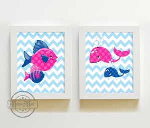 Girls Bathroom Wall Art - Brush Wash Fish & Whale Ocean Theme