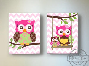 Owl Nursery Art - Owl Art For Girls Canvas Decor - Hot Pink Room Decor -  Hot Pink Brown / 8 x 10 Inches