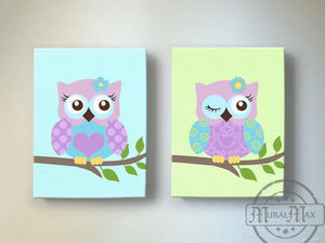 Nursery Art For Girls - Pink & Blue Baby Owl Canvas Nursery Art – MuralMax  Interiors