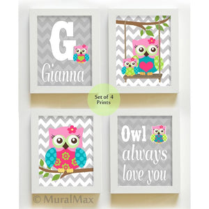 Personalized Baby Girl Room Decor - Chevron Owl Family Canvas Wall