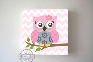 Personalized Baby Girl Room Decor - Chevron Owl Family Canvas Wall