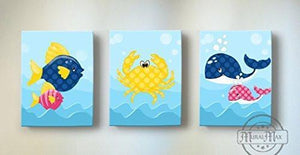 Whimsical Fish & Whales Theme - Canvas Nursery Decor - Set of 3