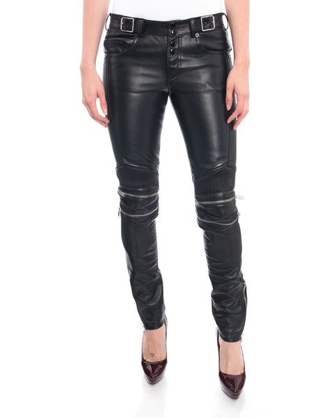 Saint Laurent Unisex Black Leather Zipper Motorcycle Jeans Pants - 38 ...