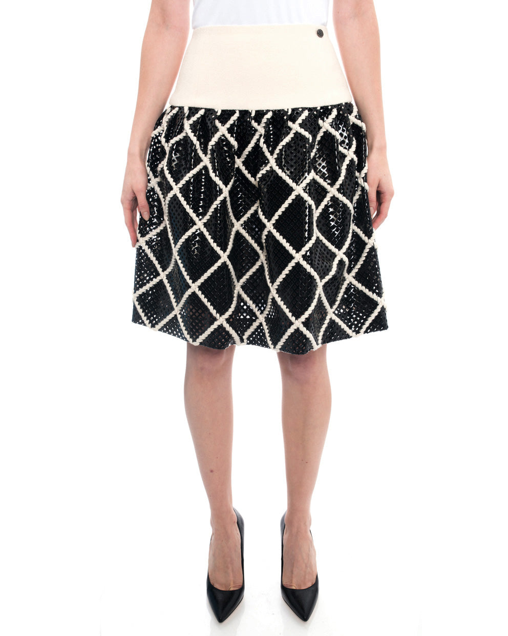 Chanel 15A Black Perforated Vinyl and Ivory Wool Skirt - 36