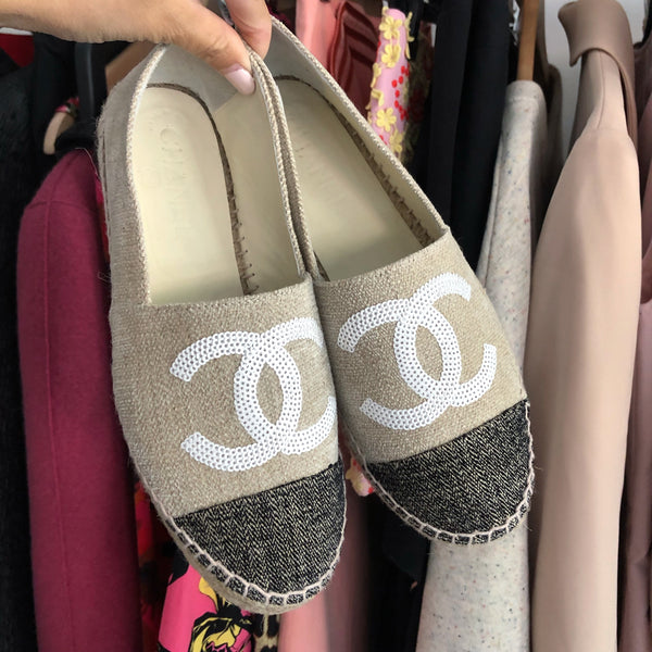 Chanel 16C Canvas Flat Espadrille with Sequin CC Logo - 36.5 – I MISS ...