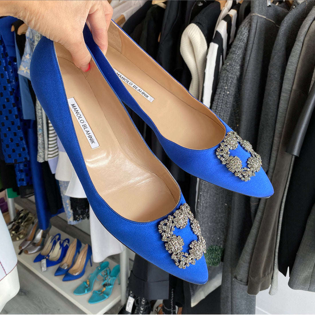 Manolo Blahnik Blue Satin Hangisi Crystal Flat Shoes 43 | lupon.gov.ph