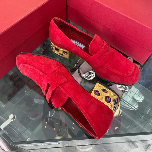 Prada Red Suede Loafer with Gold Metal Jewel Heels - 38.5 – I MISS YOU ...