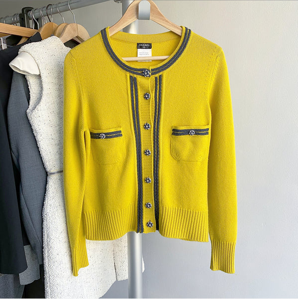 Chanel Mustard Yellow Cashmere Cardigan with Jewelled Buttons - 40 – I ...