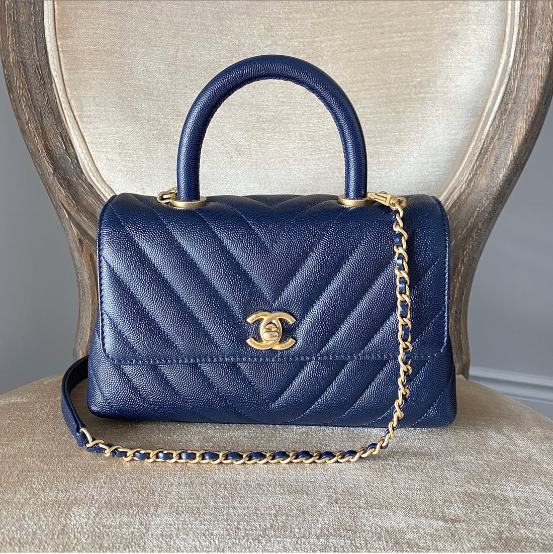 Chanel Navy Caviar Chevron Small Coco Handle Flap Bag – I MISS YOU VINTAGE