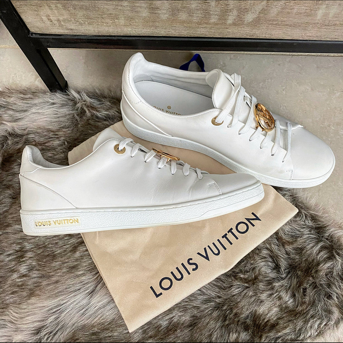 Louis Vuitton White Low Top Sneakers with Gold Logo - 8.5 – I MISS YOU ...