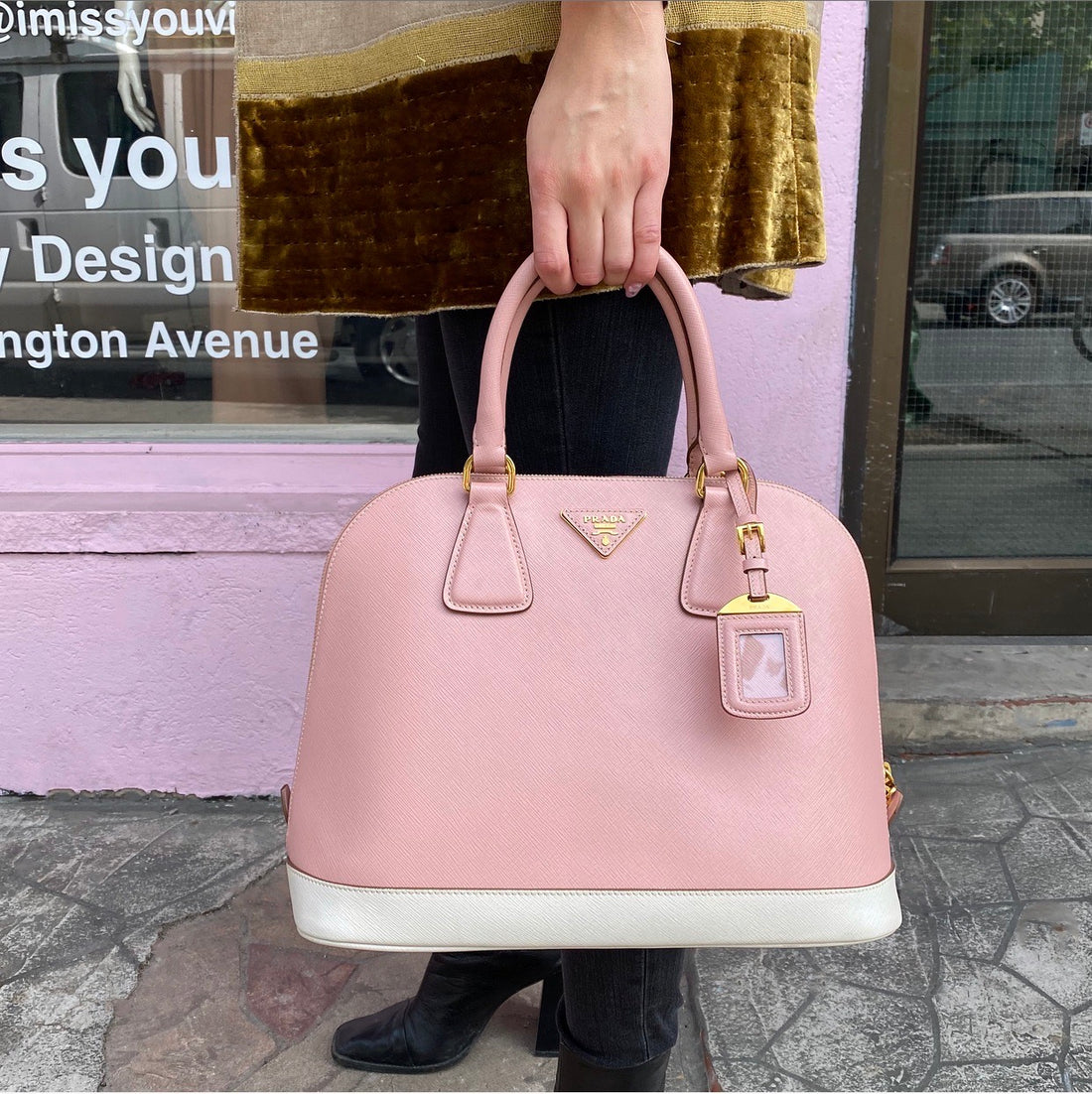 pink and white prada bag