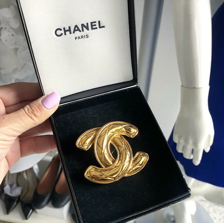 CHANEL 1994 Sun Brooch Pin Gold CC Logo W/Box - Chelsea Vintage Couture
