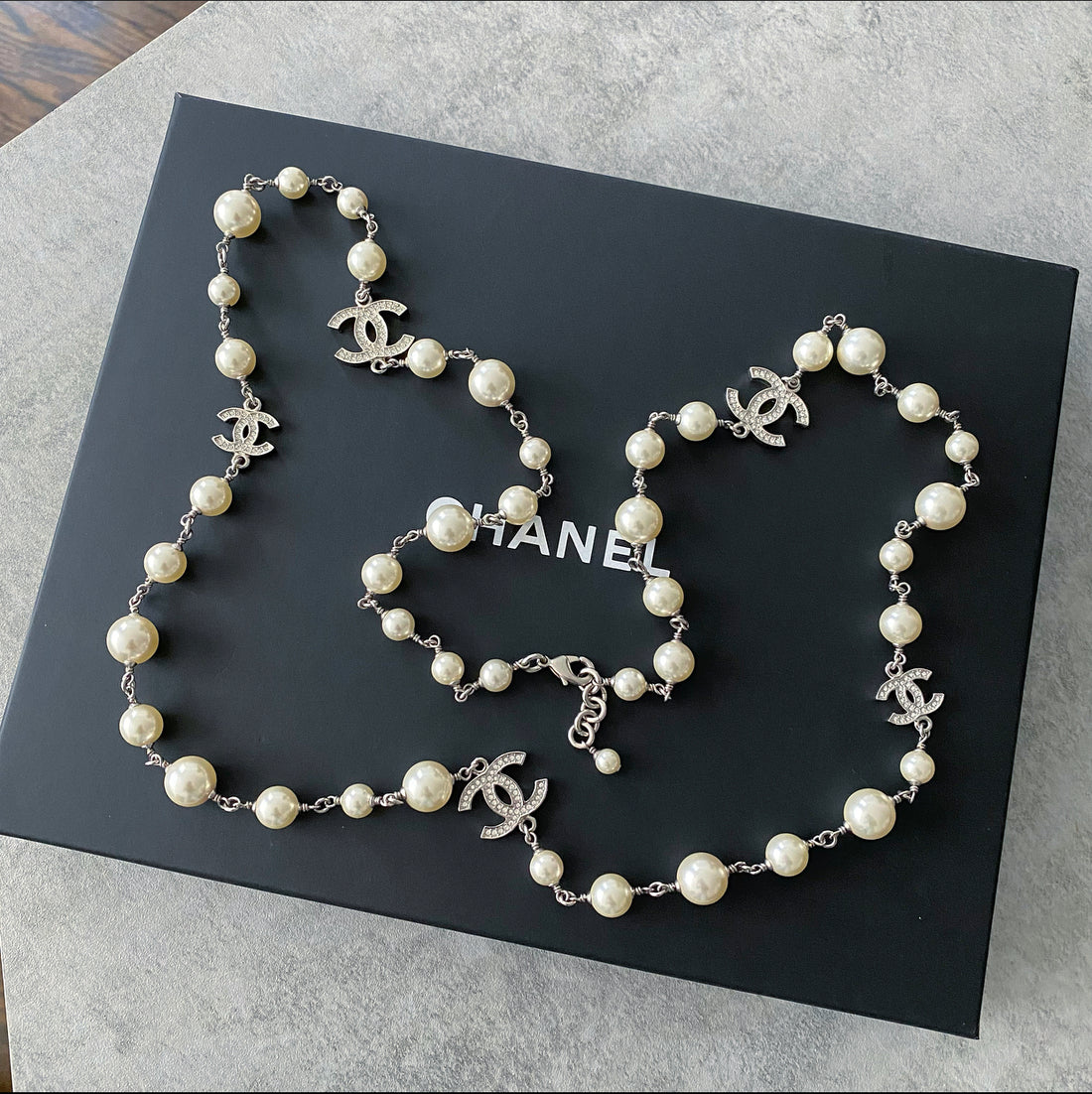 Chanel Silver Cc Faux Pearl Crystal Tone Long Necklace  MyDesignerly