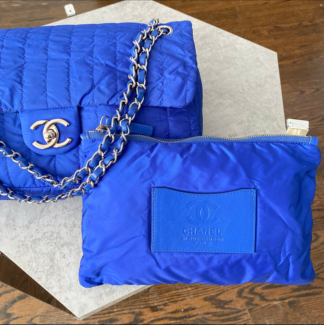 Chanel 12P Vintage Cobalt Blue Nylon Flap Bag and Pouch – I MISS YOU VINTAGE