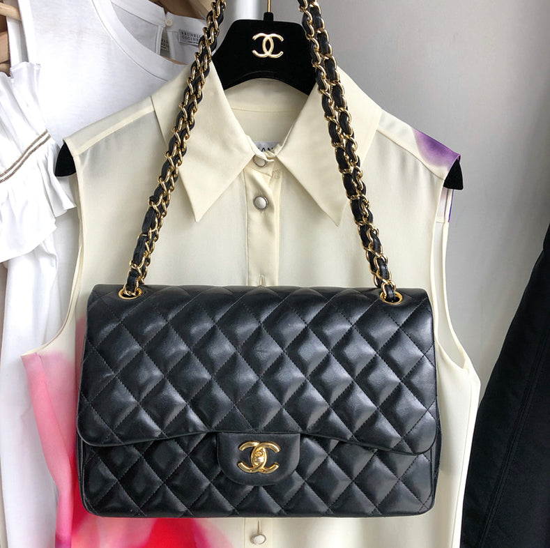 Chanel Jumbo Flap Bag In Black Lambskin With Gold Hardware SOLD