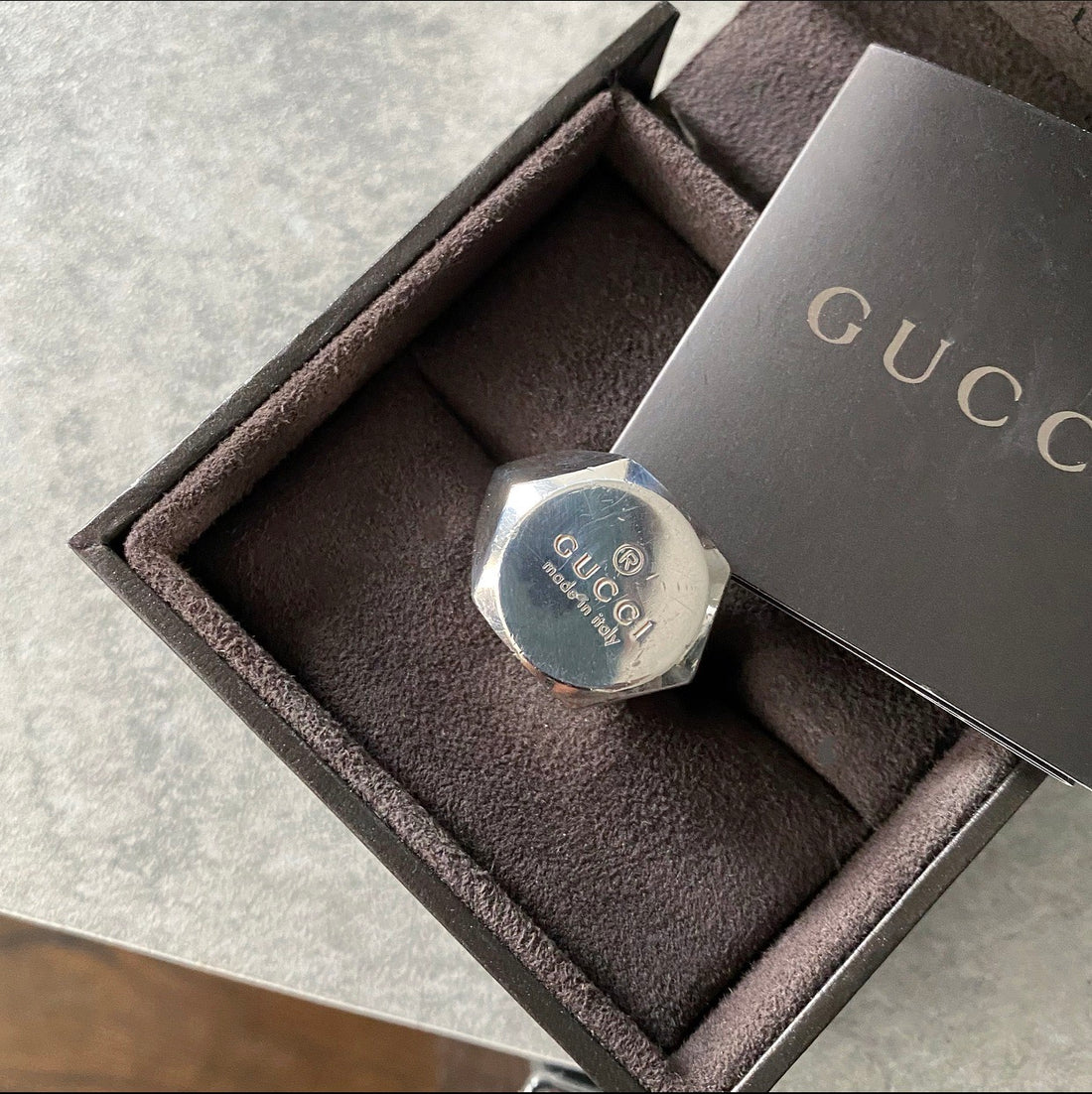 Gucci Sterling Silver Large Hexagonal Logo Signet Ring - USA 9 – I MISS YOU  VINTAGE