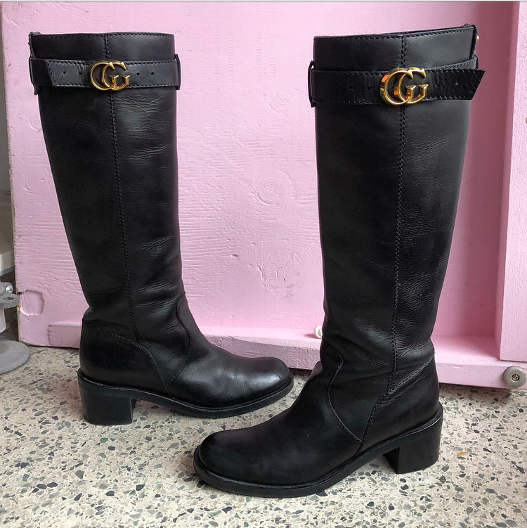 Gucci Black Leather Tall Marmont Riding Boot - 38 – I MISS YOU VINTAGE