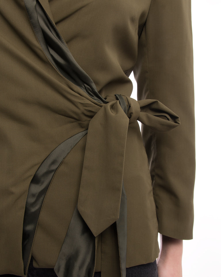 Dries Van Noten Silk Olive Green Wrap Jacket - 6