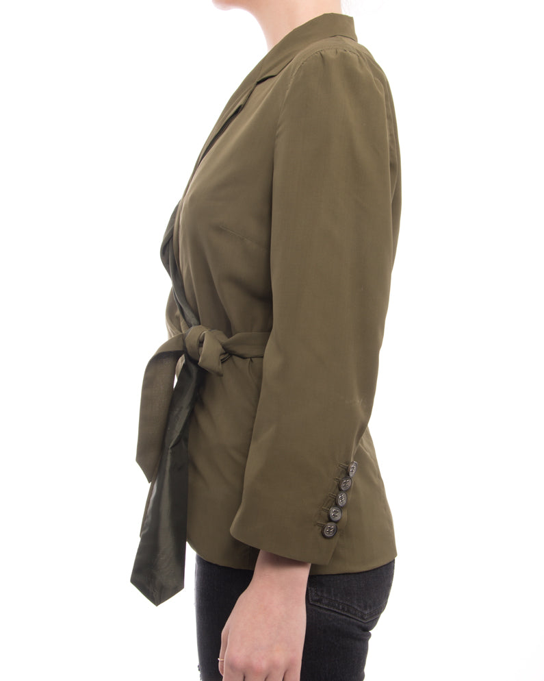 Dries Van Noten Silk Olive Green Wrap Jacket - 6