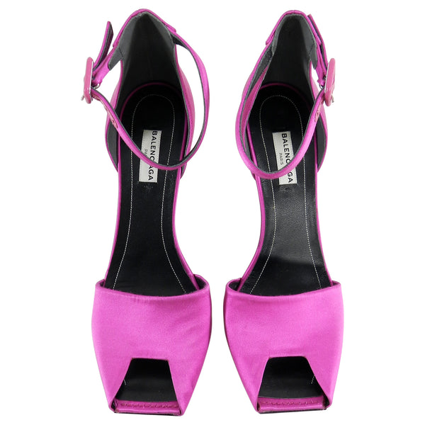 Balenciaga Hot Fuchsia Pink Satin “Broken Heel” Peep Toe Sandals - 39 ...