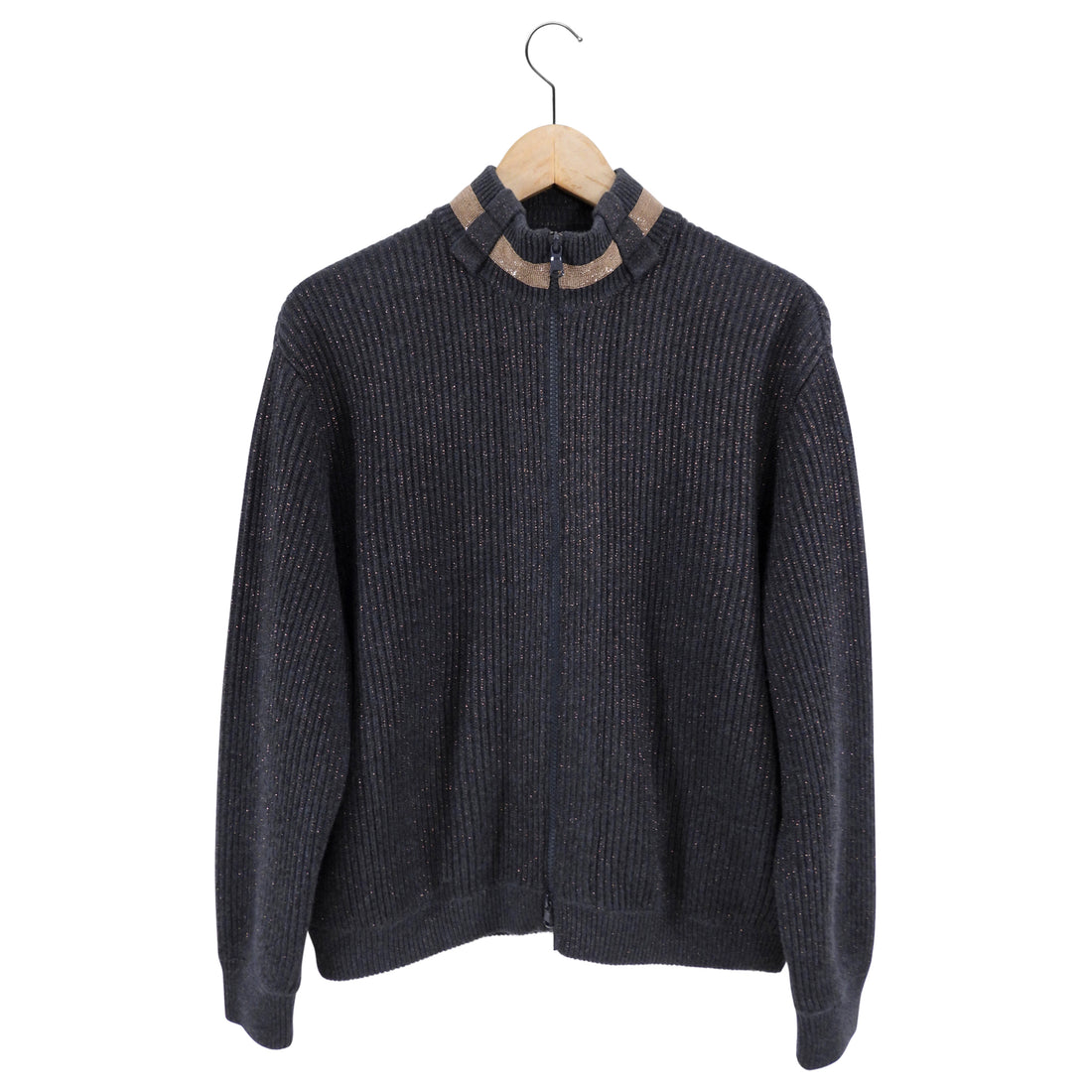 Brunello Cucinelli Dark Grey and Copper Monili Zip Cashmere Sweater ...