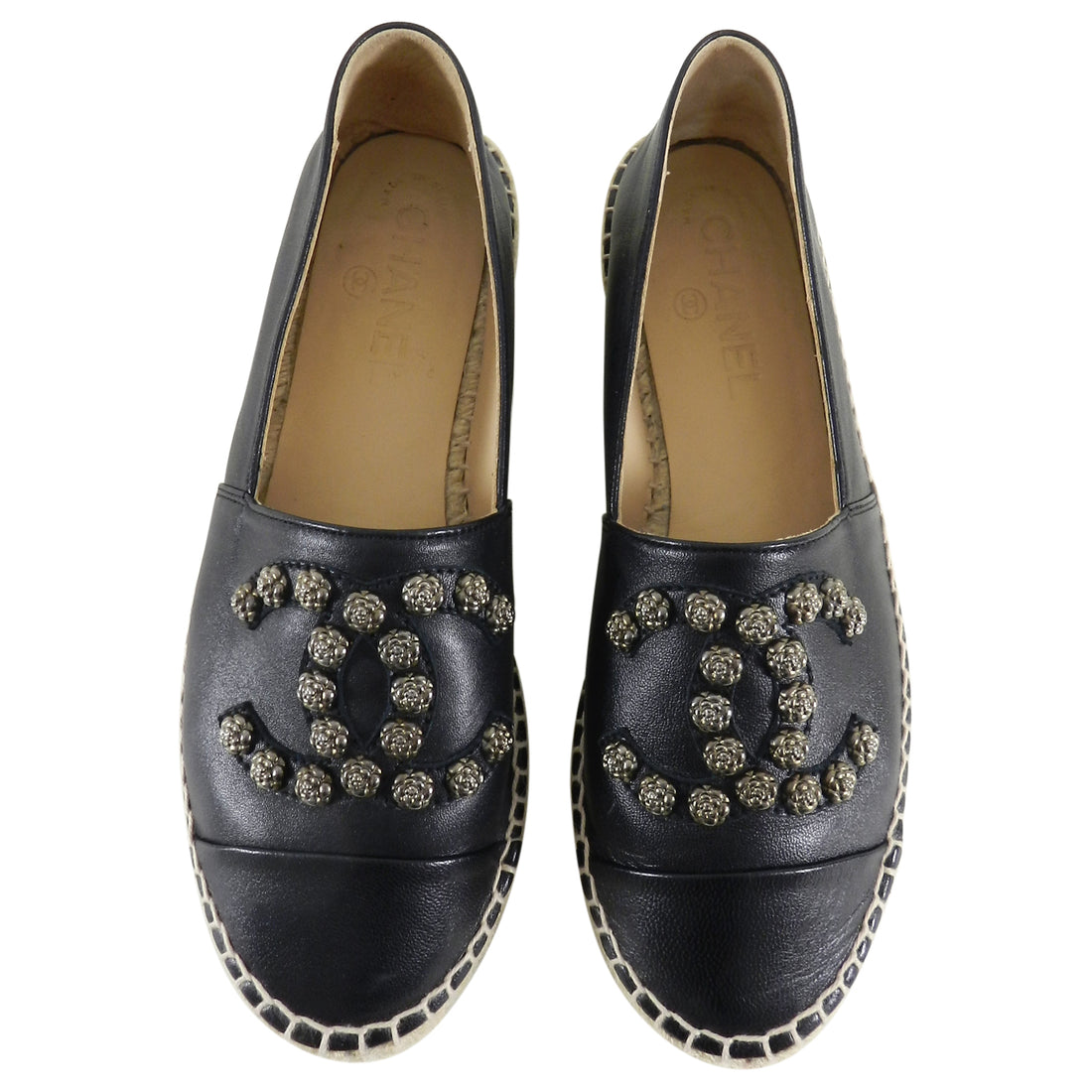 Chanel CC Stud Black Leather Espadrilles - 37 â I MISS YOU VINTAGE