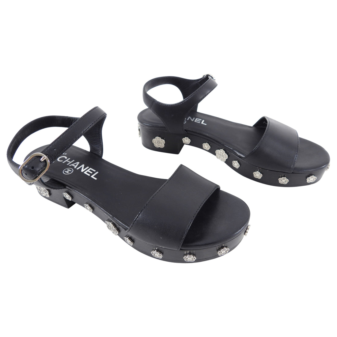 Chanel Black Leather and Wood Clogs with Silver Camelia  /  – I  MISS YOU VINTAGE