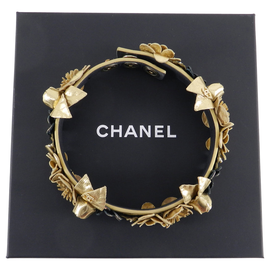Chanel Jewelry Headband/Necklace CC Choker with Black Leather, Gold Tone,  New in Box GA001