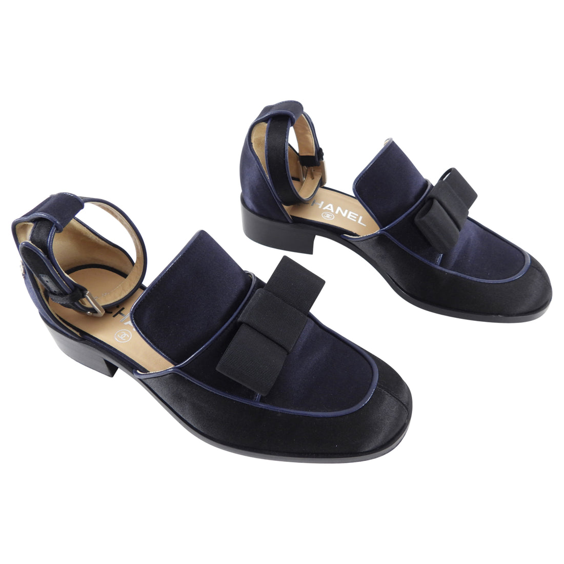 Chanel Navy and Black Satin Bow Shoes with Ankle Strap - USA 6 – I MISS YOU  VINTAGE