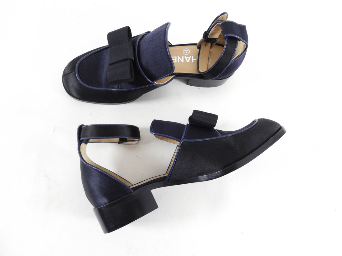 Chanel Navy and Black Satin Bow Shoes with Ankle Strap - USA 6 – I MISS YOU  VINTAGE