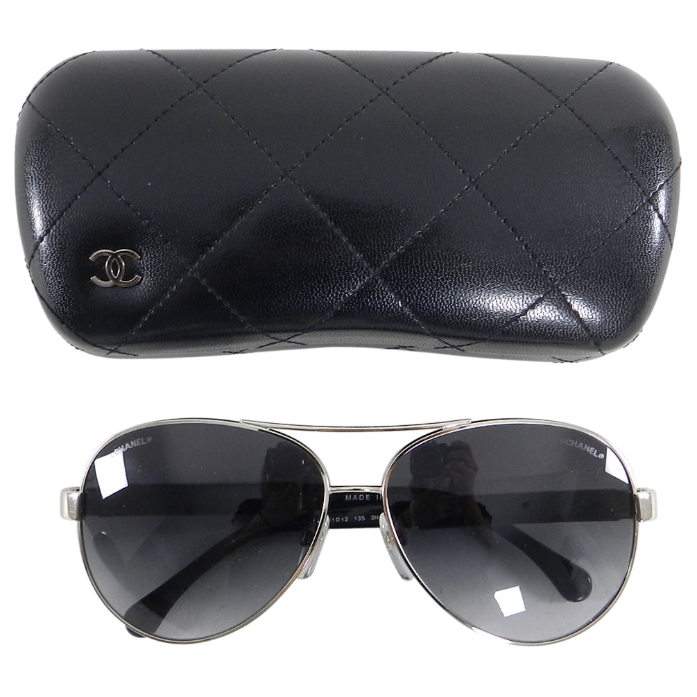 Chanel BlackWhite Quilted Leather and Silver Tone Metal 4192 CC Aviator  Sunglasses Chanel  TLC