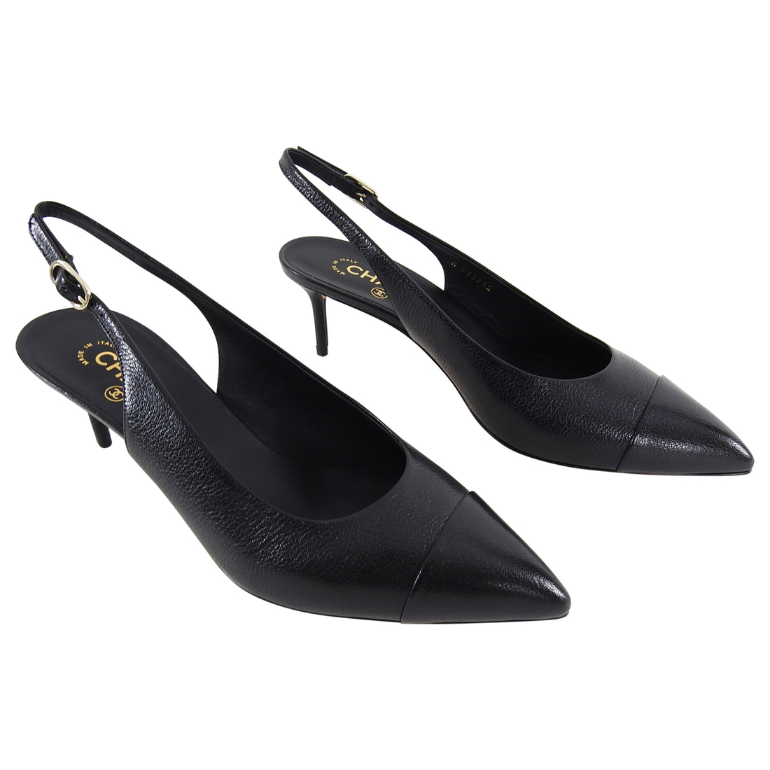 Chanel Black Leather Classic Cap Toe Slingback Heels - 10 – I MISS YOU  VINTAGE