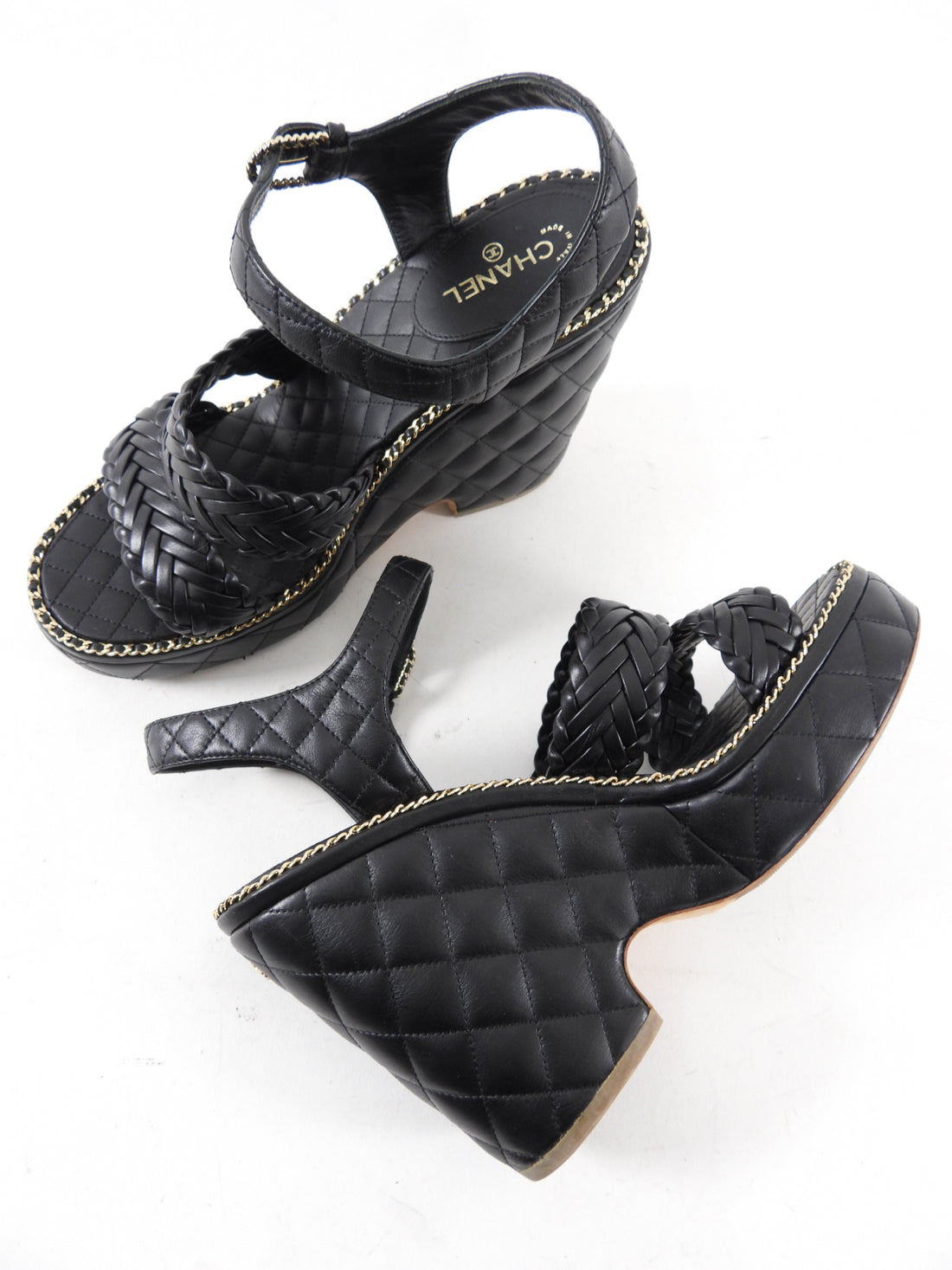 Chanel Black Leather Quilt Chain Wedge Sandals - 41 / 40 – I MISS YOU  VINTAGE